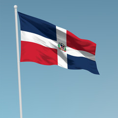 Waving flag of Dominican Republic on flagpole. Template for independence day