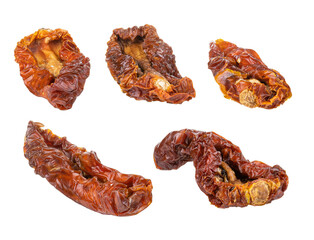 Dried or Sundried tomato halves. Sun-dried tomatoes isolated on white background. With clipping path. Full depth of field. Focus stacking