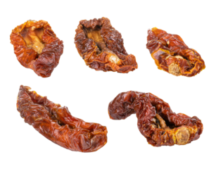 Dried or Sundried tomato halves. Sun-dried tomatoes isolated on white background. With clipping path. Full depth of field. Focus stacking