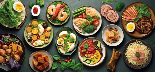 Assortment of healthy food dishes. Generative ai