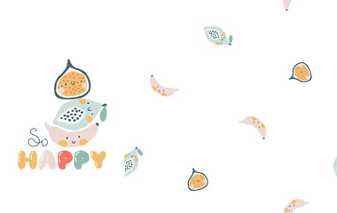Fototapeta premium Fruits characters with smiley face funny inscription. So Happy. Set with seamless pattern. Hand-drawn cartoon doodle in simple naive style. Vector illustrations for kids. Isolate cute fruit