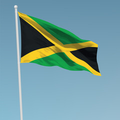 Waving flag of Jamaica on flagpole. Template for independence day
