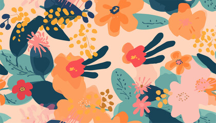 Hand drawn artistic abstract flowers and leaves print. Cute modern style pattern. Fashionable template for design