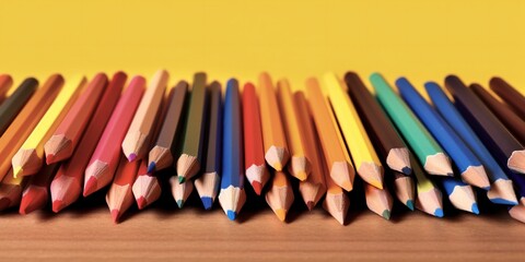 Naklejka premium Close up of colour pencils pile tipped with copy space. Generative ai back to school