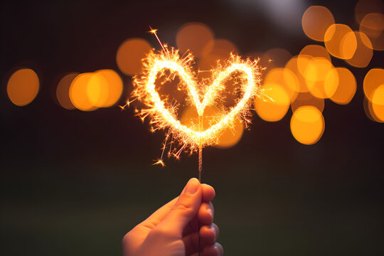 Illustration of golden glittering heart with blur background, view, mood, anniversary, card, celebration, fireworks