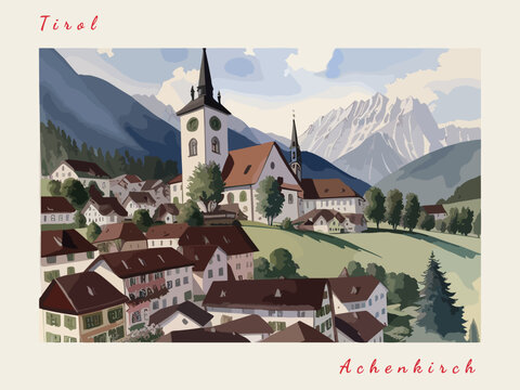 Achenkirch: Postcard design with a scene in Austria and the city name Achenkirch
