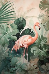 Flamingo and monstera leaves, palm leaves. Generative ai - obrazy, fototapety, plakaty