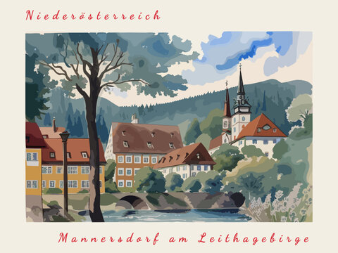 Mannersdorf am Leithagebirge: Postcard design with a scene in Austria and the city name Mannersdorf am Leithagebirge