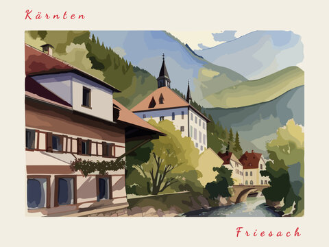 Friesach: Postcard design with a scene in Austria and the city name Friesach