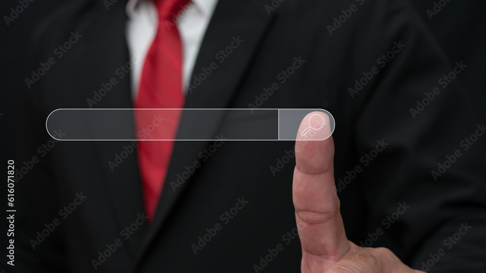 Poster businessman hand pointing at search engine icon. the concept of searching for information from the i