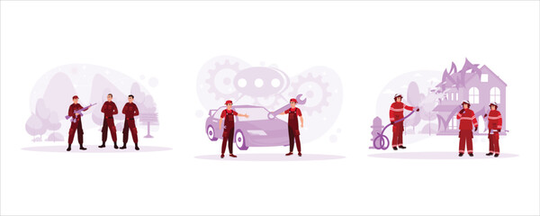 Three special soldiers are conducting war training. Two mechanics argue over a car breakdown. Firefighters struggle to put out a fire in a house. Concept of work and events. Trend Modern vector flat i