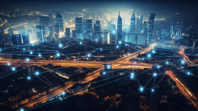 ai generated illustration Night city landscape with connection wires.