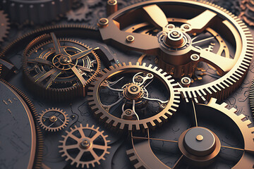 Fototapeta na wymiar ai generated illustration Gold gear wheels of clockwork in dark surface.