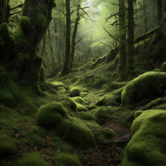 Closeup small view of forest covered with green mossy vegetation