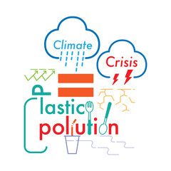 Equal sign as a gimmick of corresponding condition. Plastic pollution equal to climate crisis concept. Vector illustration outline flat design style.