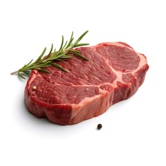 Raw beef steak with rosemary and pepper on white background.