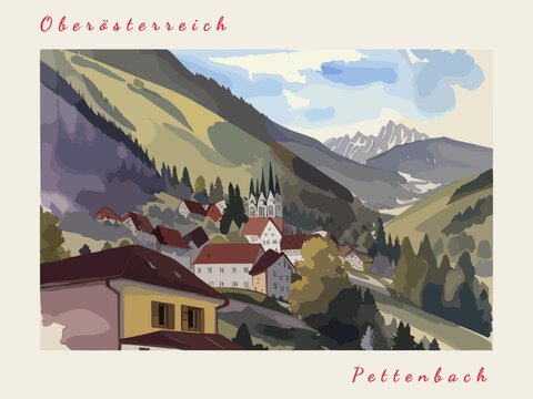 Pettenbach: Postcard design with a scene in Austria and the city name Pettenbach