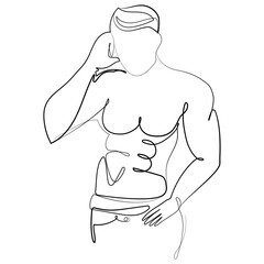 Liner drawing Muscular man in sexy pose vector illustration. muscular macho sexy guy with naked torso topless one line drawing.Male body