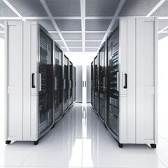 ai generated  Illustration Data Center rows of servers and white floor