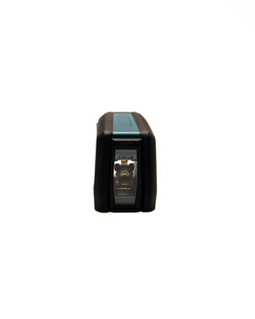 Front view laser level device with cross beam laser lines lens transparent plastic isolated on white background
