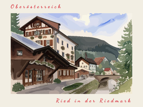 Ried in der Riedmark: Postcard design with a scene in Austria and the city name Ried in der Riedmark