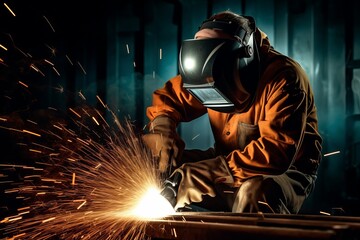 Fototapeta premium Welder Wearing Welding Gear with Sparks A Skilled Welder in the Industrial Setting with Bokeh and Sparkle Background, Generative AI.