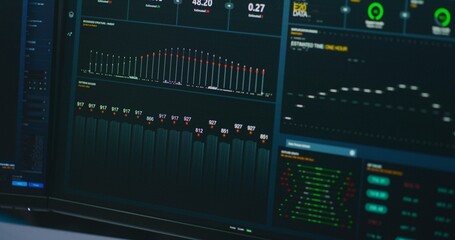 Close up shot of information database system, big data server interface, real-time analysis charts and graphs, blockchain network, cryptocurrency or stocks market displayed on computer digital screen.