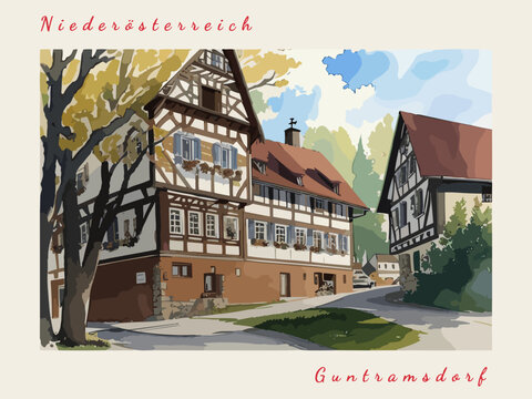 Guntramsdorf: Postcard design with a scene in Austria and the city name Guntramsdorf