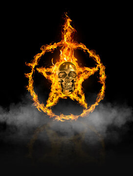 Fire skull and ring star, of fire in black smoke background