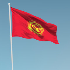 Waving flag of Kyrgyzstan on flagpole. Template for independence day