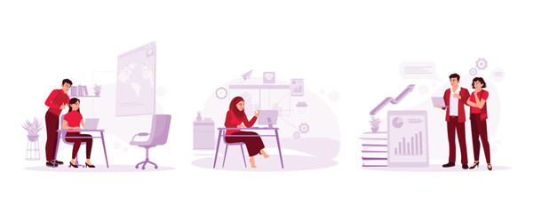 Young couple looking at the laptop screen. Muslim women entrepreneurs work professionally. Young male worker explaining a business idea to a coworker. Trend modern vector flat illustration.