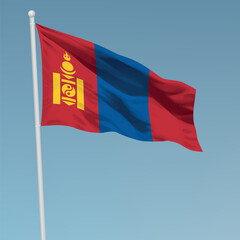 Waving flag of Mongolia on flagpole. Template for independence day