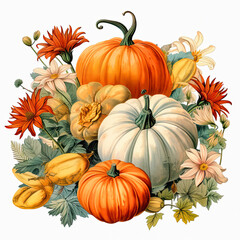 pumpkins surrounded by autumn flowers, vintage illustration,  retro style, ai generative