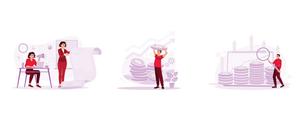 Female worker using the loudspeaker. Investment opportunities. Financial investment growth. Trend modern vector flat illustration.