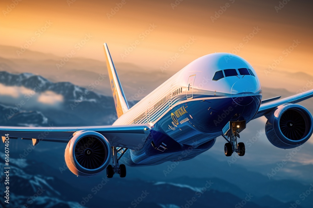 Poster flying passenger plane on the runway. generated by ai.