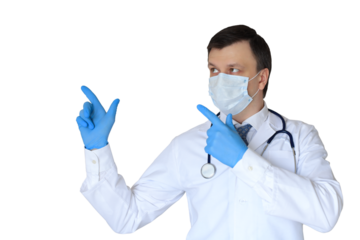 Medical staff preventive gear against coronavirus. Portrait of male doctor with stethoscope in mask on a transparent background.