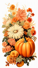 pumpkins surrounded by autumn flowers, vintage illustration,  retro style, ai generative