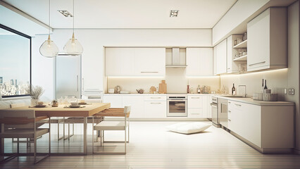 Fototapeta na wymiar A spacious kitchen and dining area offering a panoramic city view, complemented by a pristine white interior. Photorealistic illustration, Generative AI