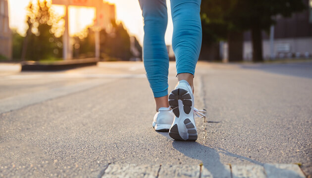 Girl runner makes a morning run in a city street. Sneaker shoes, feet close-up. Jogging, running, wellness, fitness, health concept. Blurred background, Sunset sunrise light