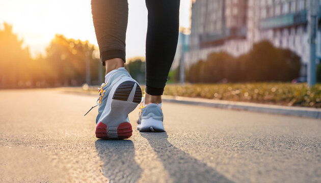 Girl Runner Makes A Morning Run In A City Street. Sneaker Shoes, Feet Close-up. Jogging, Running, Wellness, Fitness, Health Concept. Blurred Background, Sunset Sunrise Light