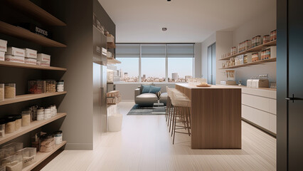 An apartment kitchen complemented by the pantry shelves and wood furniture, offering a harmonious blend. Photorealistic illustration, Generative AI