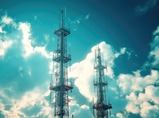 tower with mobile operator antennas on the background sky, 5G, 4G, 3G, mobile technologies, new generation communications created with Generative AI technology - obrazy, fototapety, plakaty