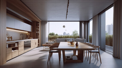Fototapeta premium A kitchen with built-in wood furniture that adds natural beauty to the space, bathed in natural light thanks to its surrounding windows. Photorealistic illustration, Generative AI