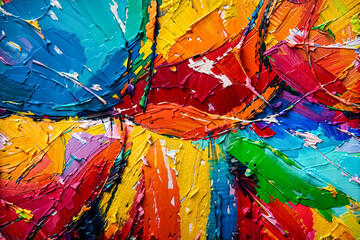 Closeup of abstract background rough colorful multicolored art painting texture, pallet knife paint on canvas, with impasto oil brushstroke. - Generative AI