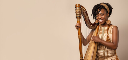 a smiling young woman holding and playing a harp in a beige background generative ai