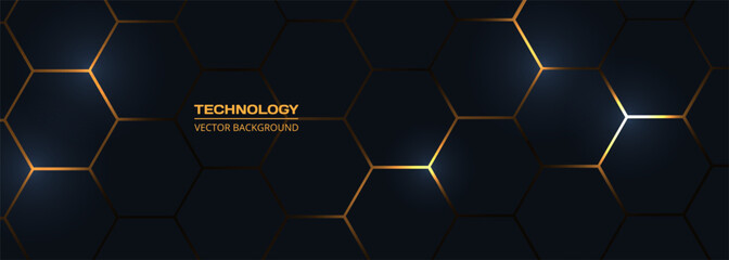 Hexagon technology honeycomb black and yellow wide abstract background. Vector illustration