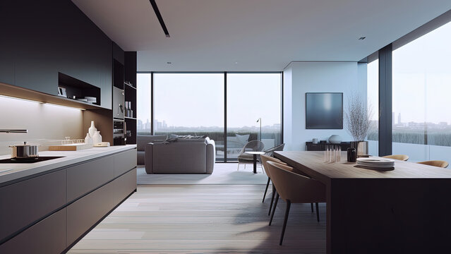 A white kitchen offering a panoramic view while the sleek gray built-in furniture adds a touch of sophistication. Photorealistic illustration, Generative AI