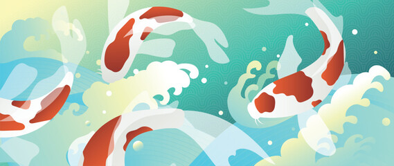 Fototapeta na wymiar Luxury oriental style background vector. Chinese and Japanese wallpaper pattern design of elegant koi carp fish, sea wave with line art. Design illustration for decoration, wall decor.