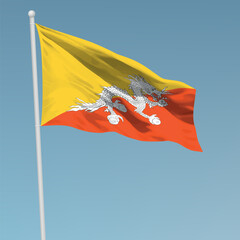 Waving flag of Bhutan on flagpole. Template for independence day