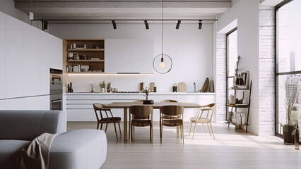 Fototapeta premium A loft kitchen featuring modern design with a white interior complemented by the raw textures of concrete and white brick walls. Photorealistic illustration, Generative AI